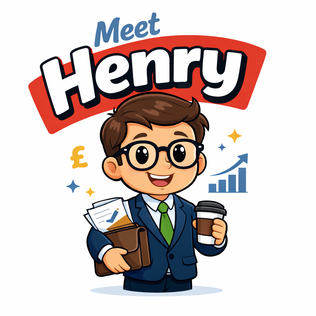 Illustrated cartoon character called Henry – a cheerful, professional high earner in a navy suit holding a briefcase and coffee, with the words “Meet Henry” above him.