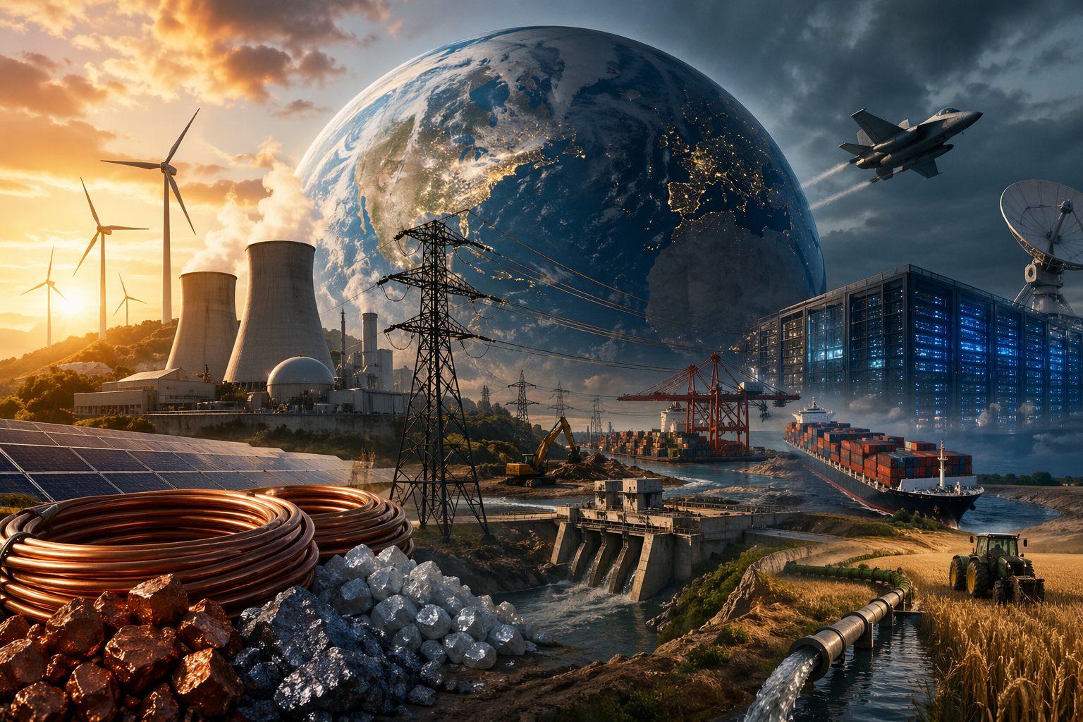Global energy and infrastructure landscape showing nuclear power, renewable energy, data centres, shipping, and raw materials, illustrating structural scarcity and competing resource demand in the modern economy.