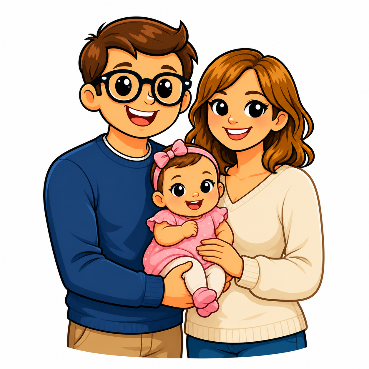 Cartoon illustration of Henry, his wife Joanna and their baby daughter Emma, smiling together as a young family.