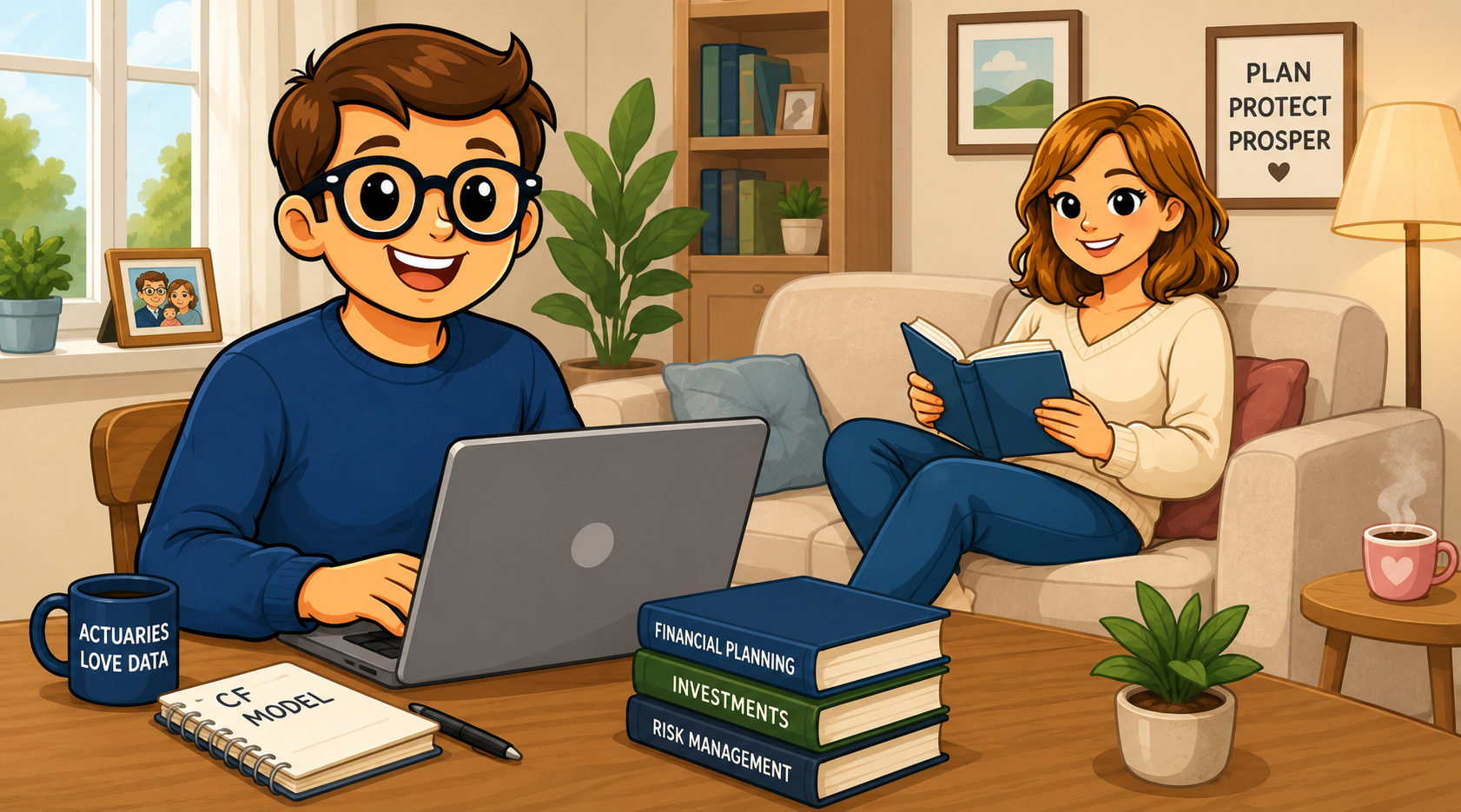 artoon illustration of Henry working on his laptop at home while Joanna relaxes on the sofa reading a book, representing pension planning and family financial discussions.
