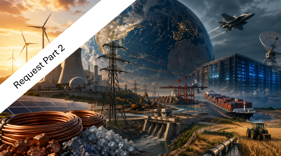Global energy and infrastructure landscape showing nuclear power, renewable energy, data centres, shipping, and raw materials, illustrating structural scarcity and competing resource demand in the modern economy. Part 2 request.