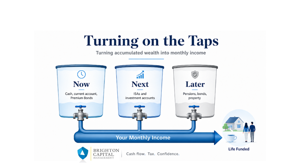 Turning on the Taps infographic showing three wealth buckets - Now, Next and Later - feeding into monthly income for retirement planning.