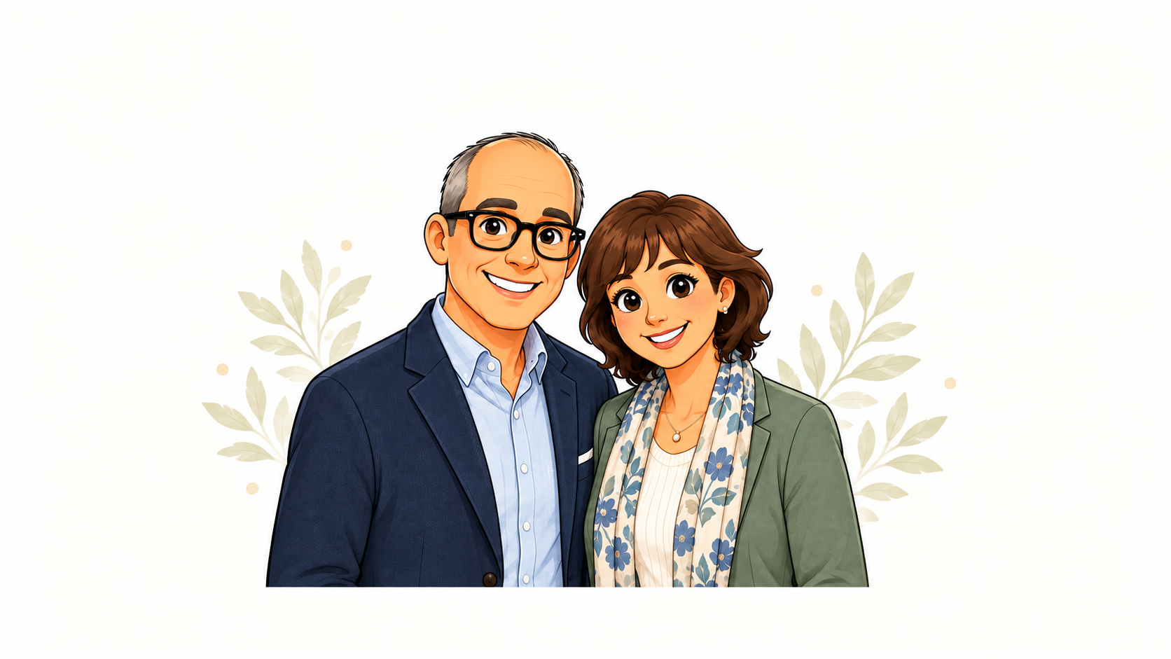 Cartoon illustration of Brian and Carol, a retired couple who have sold their family business, representing inheritance tax planning, family wealth and retirement.