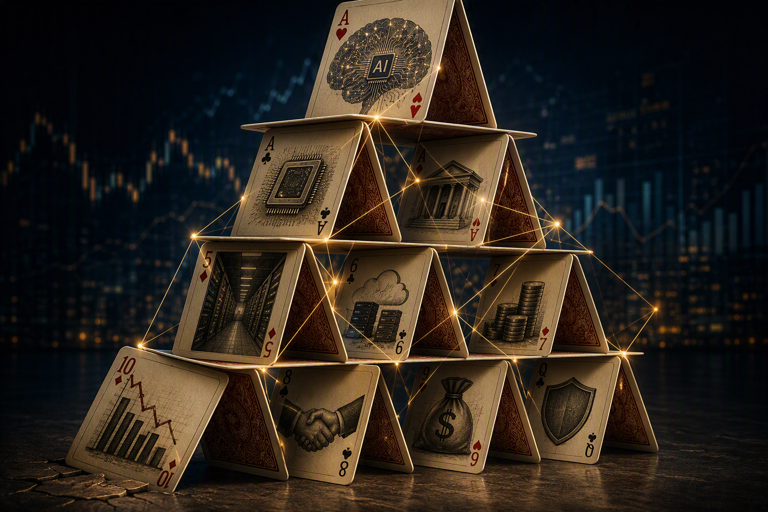 House of cards made from AI, semiconductor, data centre and finance-themed playing cards, symbolising the interconnected funding and structural risks behind the AI investment boom.