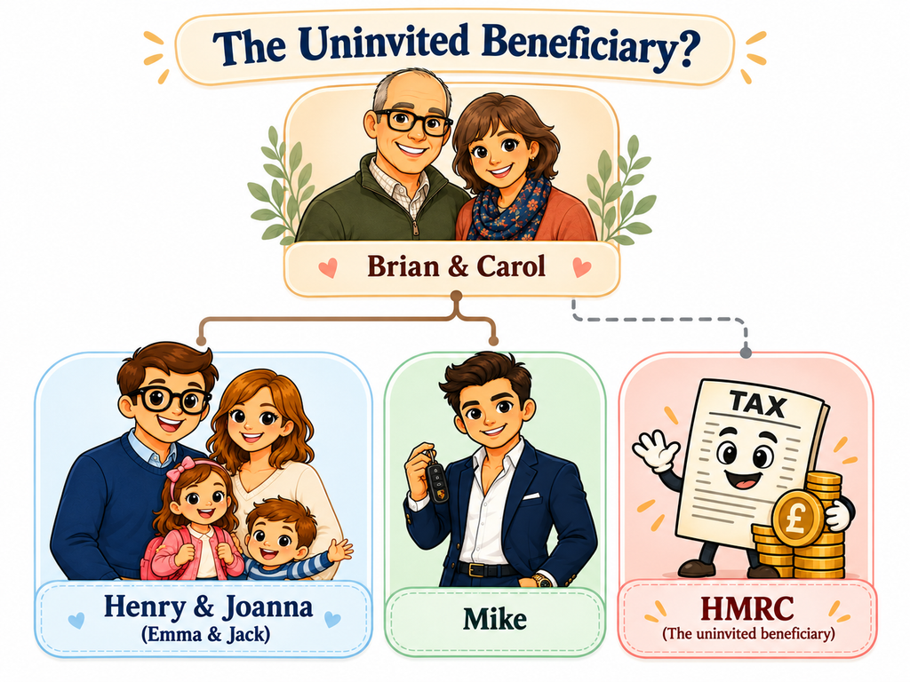 Cartoon family tree featuring Brian and Carol, their sons Henry and Mike, daughter-in-law Joanna, and grandchildren Emma and Jack, with HMRC depicted as the unexpected beneficiary, illustrating inheritance tax and intergenerational wealth planning.