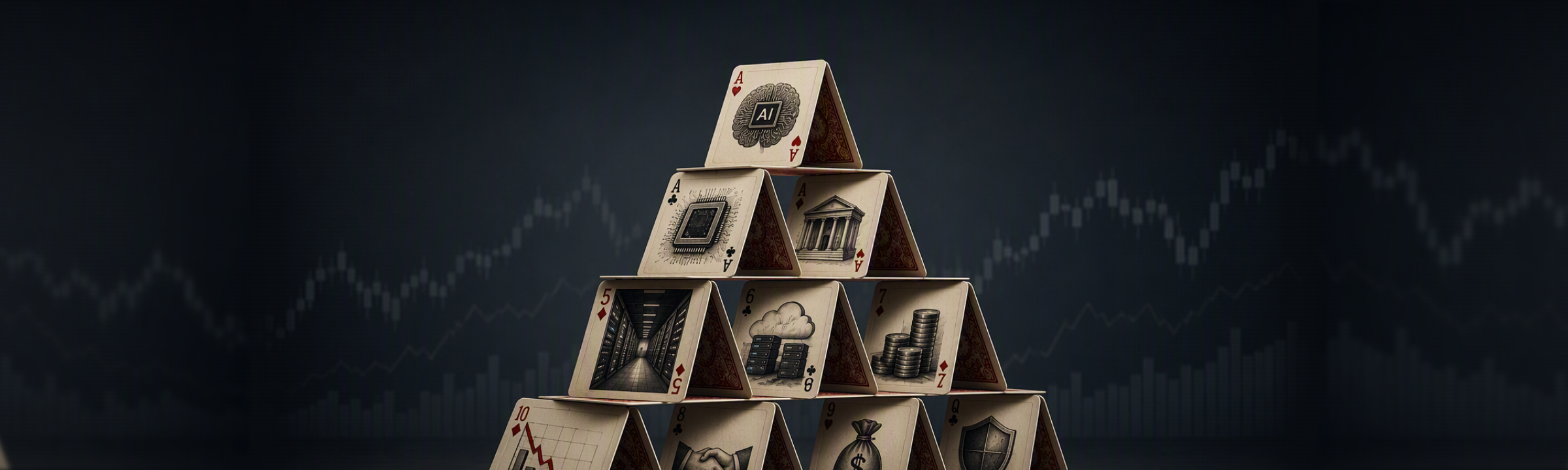 House of cards made from AI, semiconductor, data centre and finance-themed playing cards, symbolising the interconnected funding and structural risks behind the AI investment boom.